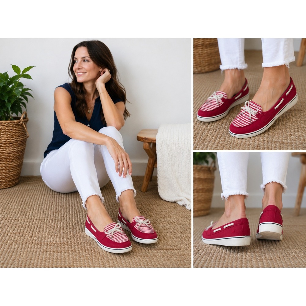 Grasshoppers Windham Red Canvas Striped Boat Shoes Ortholite Loafers Womens 9M